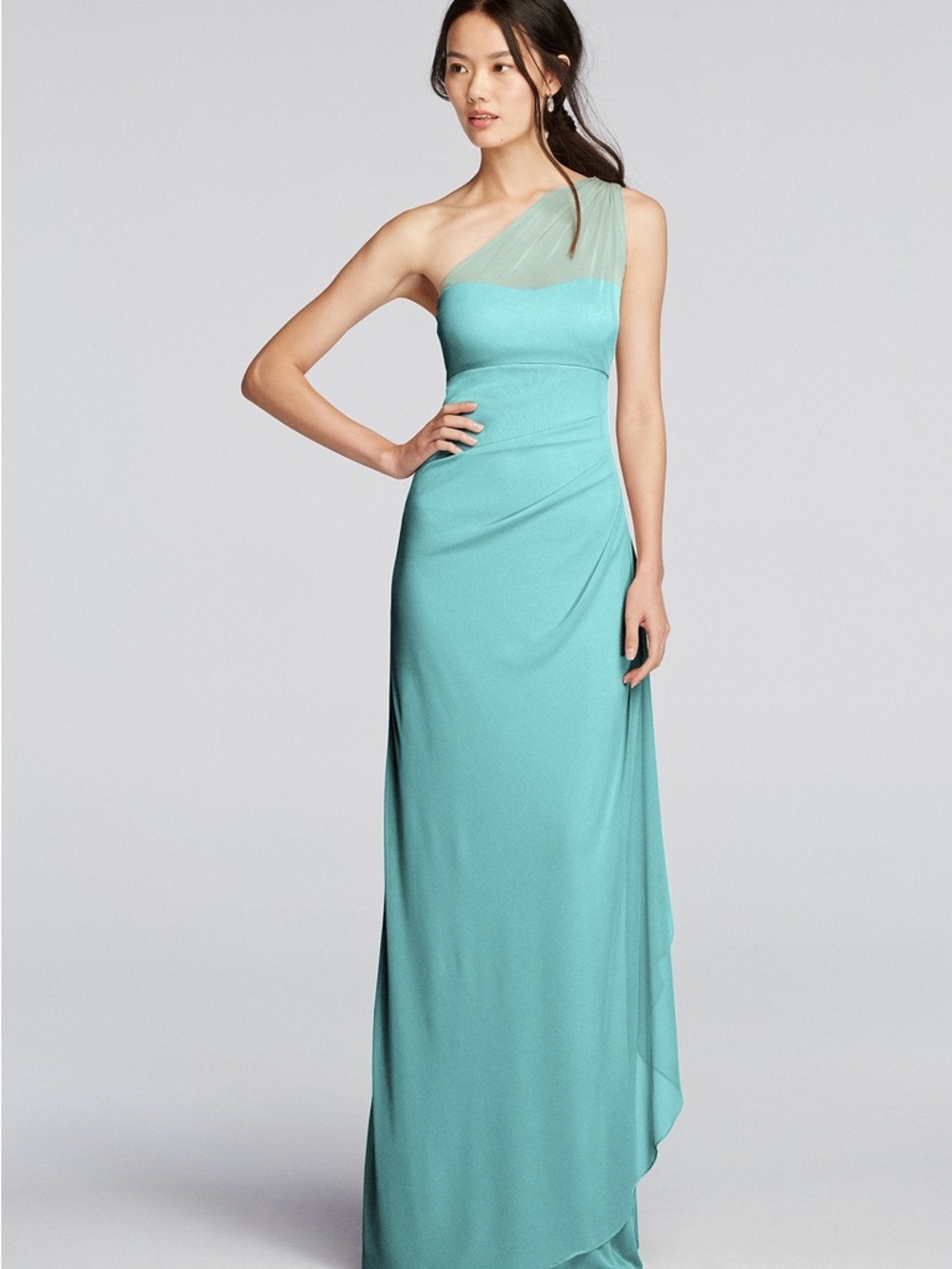 David's Bridal One-Shoulder Aqua Maxi Gown